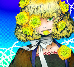 Rule 34 | 1girl, ameya nihachi, bandaged neck, bandages, black shirt, blonde hair, blue background, brown shirt, clenched teeth, commentary request, flat chest, flower, flower over eye, green eyes, hair flower, hair ornament, looking at viewer, mizuhashi parsee, mouth hold, petals in mouth, pointy ears, shirt, short hair, solo, teeth, thorns, touhou, undershirt, yellow flower