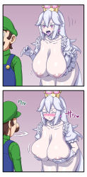 Rule 34 | 1boy, 1girl, 2koma, :&lt;, blouse, blue overalls, blush, breast hold, breasts, breasts out, brown hair, choker, cleavage, closed eyes, comic, covering breasts, covering nipples, covering privates, crown, dress, earrings, embarrassed, facial hair, frilled choker, frilled dress, frills, gloves, gradient background, green hat, green shirt, hanging breasts, hat, highres, huge breasts, inverted nipples, jewelry, large areolae, leaning forward, long hair, looking back, luigi, luigi&#039;s mansion, mario (series), motion lines, mustache, new super mario bros. u deluxe, nintendo, nipples, no bra, onomeshin, overalls, pale skin, princess king boo, purple eyes, sharp teeth, shirt, silver hair, standing, super crown, teeth, tongue, tongue out, white dress, white gloves