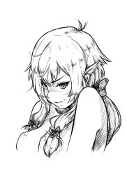 Rule 34 | 1girl, bad id, bad pixiv id, bare shoulders, blush, breasts, completely nude, cropped torso, goblin slayer!, greyscale, hair intakes, hair ribbon, high elf archer (goblin slayer!), long hair, long pointy ears, looking at viewer, ma7ma7ma7, monochrome, nipples, nose blush, nude, pointy ears, ribbon, sketch, smile, solo, upper body, very long hair