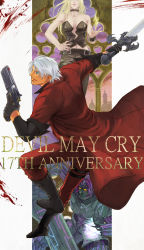 Rule 34 | 1girl, 2boys, blonde hair, blue eyes, breasts, capcom, commentary request, dante (devil may cry), devil may cry (series), devil may cry 1, gloves, gun, highres, long hair, multiple boys, nelo angelo, sword, trish (devil may cry), weapon, white hair