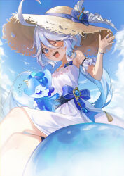 Rule 34 | 1girl, ;d, absurdres, ahoge, arm strap, baseatoz, blue bow, blue eyes, blue hair, bow, day, dress, floating hair, from below, furina (genshin impact), genshin impact, hat, highres, long hair, one eye closed, open mouth, outdoors, ponytail, short dress, sitting, sleeveless, sleeveless dress, smile, solo, straw hat, sun hat, very long hair, white dress, yellow hat