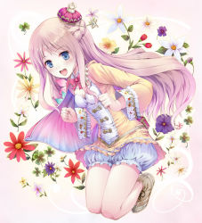 Rule 34 | 1girl, :d, atelier (series), atelier meruru, bloomers, blue eyes, blush, bow, braid, breasts, brown hair, clenched hands, coat, crown, female focus, floral background, flower, full body, half updo, highres, kneeling, long hair, merurulince rede arls, nakazawa aki, open mouth, red bow, ribbon, shirt, shoes, skirt, smile, solo, underwear, white bloomers, white corsage, yellow shirt, yellow skirt