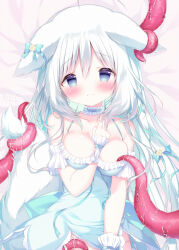 Rule 34 | 1girl, ahoge, animal ears, arm between breasts, bare shoulders, bed sheet, between breasts, blue bow, blue dress, blue eyes, blue hair, blush, bow, breasts, closed mouth, collarbone, commentary request, dress, ear bow, frilled dress, frills, grey hair, hair between eyes, highres, long hair, looking at viewer, lying, medium breasts, multicolored hair, on back, original, shiratama (shiratamaco), sleeveless, sleeveless dress, solo, tail, tentacles, two-tone hair, very long hair, wavy mouth, wrist cuffs