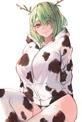 Rule 34 | 1girl, absurdres, animal print, antlers, arms behind back, bikini, breasts, ceres fauna, closed mouth, cow print, green skirt, highres, hololive, hololive english, hood, hood down, hoodie, horns, large breasts, leaf, long hair, looking at viewer, mole, mole under eye, naokomama, simple background, skirt, smile, solo, swimsuit, thighhighs, virtual youtuber, white background, white hoodie, white thighhighs, yellow eyes