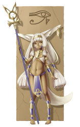 Rule 34 | 1girl, armlet, barefoot, bracer, earrings, egyptian clothes, facial mark, fox girl, fox tail, hair tubes, hairband, highres, holding, holding staff, jewelry, kazuki seihou, loincloth, long hair, looking at viewer, navel, original, shin guards, solo, staff, standing, tail, tan, white hair, yellow eyes