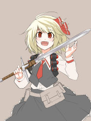 Rule 34 | 1girl, ascot, bad id, bad pixiv id, blonde hair, blush, bow, claymore (sword), cosplay, demoman (tf2), embodiment of scarlet devil, explosive, fang, fangs, female focus, grenade, hair bow, hair ribbon, highres, holding, holding sword, holding weapon, necktie, open mouth, red demoman (tf2), red eyes, red necktie, ribbon, rumia, shino (r shughart), short hair, simple background, skirt, smile, solo, sword, team fortress 2, the demoman (cosplay), touhou, vest, weapon