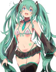 Rule 34 | 1girl, :d, absurdres, aqua eyes, aqua hair, aqua necktie, bikini, black skirt, breasts, cleavage, cowboy shot, detached sleeves, hatsune miku, highres, kujira hebi, long hair, looking at viewer, miniskirt, navel, necktie, number tattoo, open mouth, simple background, skirt, small breasts, smile, solo, standing, swimsuit, tattoo, twintails, very long hair, vocaloid, white background, white bikini