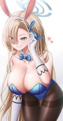 Rule 34 | 1girl, animal ears, asuna (blue archive), asuna (bunny) (blue archive), bad id, bad pixiv id, bare shoulders, blonde hair, blue archive, blue bow, blue bowtie, blue eyes, blue leotard, blue ribbon, bow, bowtie, breasts, brown pantyhose, cleavage, collarbone, commentary, detached collar, dot nose, fake animal ears, gloves, grin, hair ribbon, halo, hand up, heart, highleg, highleg leotard, highres, huge breasts, leotard, long hair, mole, mole on breast, official alternate costume, pantyhose, playboy bunny, ribbon, simple background, smile, solo, strapless, strapless leotard, subob (subobdesu), thigh gap, v-shaped eyebrows, white background, white gloves