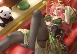 Rule 34 | 1girl, alternate costume, black pantyhose, braid, breasts, chaise longue, cleavage, green eyes, half-closed eyes, hand on own forehead, hand on own stomach, hat, unworn hat, unworn headwear, highres, hong meiling, japanese clothes, kimono, knee up, large breasts, long hair, looking at viewer, lying, no shoes, obi, on back, pantyhose, pantyhose over thighhighs, parted lips, pillow, red hair, sash, senbon tsuki, solo, star (symbol), stuffed animal, stuffed panda, stuffed toy, thighband pantyhose, touhou, twin braids