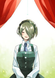 Rule 34 | 1girl, :d, blush, braid, breasts, bug, closed eyes, collared shirt, commentary request, danganronpa (series), danganronpa v3: killing harmony, dress, facing viewer, green hair, hair over one eye, long sleeves, looking at viewer, necktie, nico (nico alice), open mouth, pinafore dress, shirt, short hair, sleeveless, sleeveless dress, smile, solo, spider, striped, tojo kirumi, upper body, v arms, white shirt