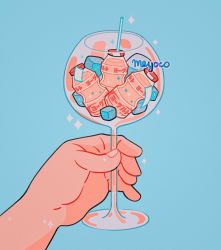 Rule 34 | artist name, blue background, bottle, cup, drink, drinking glass, drinking straw, glass, holding, holding cup, ice, ice cube, meyoco, original, simple background, soda bottle, sparkle, translation request, wine glass, yakult