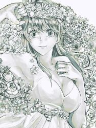 Rule 34 | 1girl, anezaki mamori, arm up, armpits, bare shoulders, breasts, cleavage, closed mouth, dress, eyeshield 21, floral background, flower wreath, hand on own chest, highres, long hair, looking at viewer, monochrome, smile, solo, strapless, strapless dress, ueda-pix, upper body