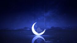 Rule 34 | 1girl, cloud, crescent, crescent moon, from behind, highres, long hair, moon, night, night sky, ocean, original, outdoors, reflection, reflective water, rune xiao, scenery, sitting, sky, solo, star (sky), starry sky, string, water, white hair