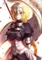 Rule 34 | 1girl, armor, armored dress, blonde hair, blue eyes, blurry, braid, breasts, capelet, chain, character name, cleavage, closed mouth, cursive, depth of field, fate/apocrypha, fate (series), faulds, flag, gankami, gauntlets, hair between eyes, hand on own chest, headpiece, jeanne d&#039;arc (fate), jeanne d&#039;arc (ruler) (fate), large breasts, long hair, looking at viewer, petals, simple background, single braid, smile, solo, standard bearer, very long hair, white background