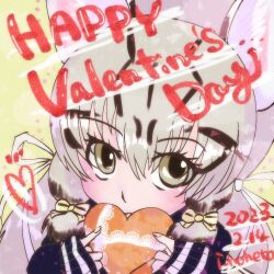 Rule 34 | 1girl, animal ears, cat ears, cat girl, chocolate, closed mouth, extra ears, geoffroy&#039;s cat (kemono friends), grey eyes, grey hair, i hoheto, kemono friends, kemono friends v project, long hair, looking at viewer, ribbon, simple background, solo, sweater, twintails, valentine, virtual youtuber