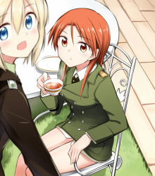 Rule 34 | 2girls, blonde hair, blush, cup, erica hartmann, long hair, looking at viewer, military, military uniform, minna-dietlinde wilcke, multiple girls, open mouth, red hair, sitting, smile, steam, strike witches, tea, teacup, tsuchii (ramakifrau), uniform, world witches series
