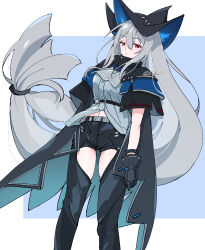 Rule 34 | 1girl, arknights, ascot, belt, black cape, black gloves, black hat, black pants, blue background, bracelet, breasts, cape, citron80citron, closed mouth, clothing cutout, expressionless, feet out of frame, gloves, grey ascot, grey hair, grey shirt, hat, highres, infection monitor (arknights), jewelry, large breasts, long hair, looking at viewer, low-tied long hair, navel, pants, red eyes, shirt, skadi (arknights), solo, standing, thigh cutout, two-tone background, very long hair, white background