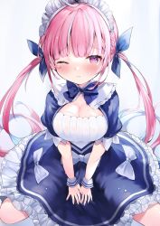 Rule 34 | 1girl, bad id, bad twitter id, blue bow, blue bowtie, blue dress, blue hair, blue ribbon, blush, bow, bowtie, breasts, cleavage, closed mouth, colored inner hair, dress, frilled dress, frills, hair ribbon, highres, hololive, long hair, looking at viewer, maid headdress, masi masio, medium breasts, minato aqua, minato aqua (1st costume), multicolored hair, one eye closed, pink eyes, pink hair, puffy short sleeves, puffy sleeves, ribbon, short sleeves, solo, tearing up, twintails, v arms, very long hair, virtual youtuber