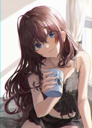 Rule 34 | 1girl, babydoll, bare shoulders, black babydoll, black panties, blue eyes, blush, breasts, brown hair, cleavage, closed mouth, collarbone, cup, curtains, head tilt, highres, holding, holding cup, ichinose shiki, idolmaster, idolmaster cinderella girls, indoors, lace, lace trim, lingerie, long hair, looking at viewer, midriff, mug, negligee, panties, pray (furei), sitting, smile, solo, underwear, wall, window