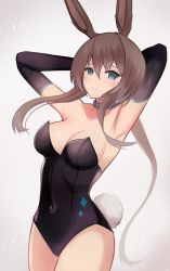 Rule 34 | 1girl, absurdres, amiya (arknights), animal ears, arknights, armpits, arms behind head, bare shoulders, black gloves, black leotard, blue eyes, breasts, brown hair, cleavage, collarbone, commentary request, covered navel, cowboy shot, detached collar, elbow gloves, embarrassed, fake animal ears, gloves, grey background, highleg, highleg leotard, highres, jewelry, leotard, long hair, long sleeves, looking at viewer, medium breasts, playboy bunny, ponytail, rabbit ears, rabbit tail, sanukiske, sidelocks, solo, strapless, strapless leotard, tail