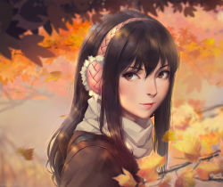 Rule 34 | 1girl, autumn, autumn leaves, bad id, bad pixiv id, black hair, blush, branch, brown eyes, brown jacket, closed mouth, commentary request, earmuffs, falling leaves, from side, hair between eyes, highres, jacket, kimishima kana, kiseijuu, leaf, long hair, looking at viewer, looking to the side, miura-n315, motion blur, outdoors, portrait, red lips, scarf, sidelocks, smile, solo, straight hair, white scarf