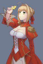 Rule 34 | 10s, 1girl, ahoge, bad id, bad twitter id, braid, braided bun, breasts, buttons, cleavage, commentary request, cowboy shot, double-breasted, dress, epaulettes, eyebrows, eyelashes, fate/extra, fate/grand order, fate (series), green eyes, grey background, hair bun, hair intakes, hair ribbon, holding, large breasts, light brown hair, long sleeves, michihasu, nero claudius (fate), nero claudius (fate) (all), nero claudius (fate/extra), o3o, panties, pantyshot, red dress, red ribbon, ribbon, see-through, single hair bun, solo, standing, underwear, white panties, wide sleeves