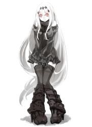 Rule 34 | 10s, 1girl, abyssal ship, aircraft carrier water oni, armor, armored boots, bad id, bad twitter id, black gloves, black thighhighs, boots, detached sleeves, dress, full body, gloves, greaves, kantai collection, knee boots, long hair, looking at viewer, mephisto (angraecum), red eyes, ribbed dress, ribbed sweater, short dress, solo, standing, sweater, sweater dress, thighhighs, very long hair, white background, white hair, zettai ryouiki