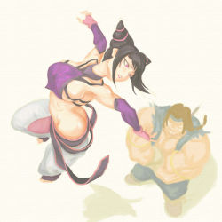 Rule 34 | 1boy, 1girl, ass, black hair, breasts, brown hair, capcom, chinese clothes, crop top, drill hair, dudou, fingerless gloves, gloves, halterneck, han juri, headband, large breasts, lipstick, makeup, mexico, midriff, muscular, native american, no bra, no panties, noname (nowhere), pink eyes, ponytail, sideboob, simple background, street fighter, street fighter iv (series), thunder hawk, twin drills, vest