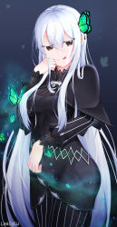 Rule 34 | 1girl, :q, absurdres, black capelet, black dress, brown eyes, bug, butterfly, butterfly on head, capelet, colored eyelashes, cowboy shot, dress, echidna (re:zero), grey background, hair between eyes, highres, insect, lancheu, layered dress, long hair, long sleeves, looking at viewer, re:zero kara hajimeru isekai seikatsu, signature, silver hair, solo, standing, tongue, tongue out, very long hair