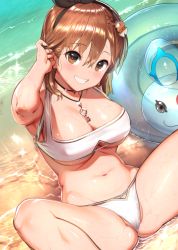 Rule 34 | 1girl, atelier (series), atelier ryza, atelier ryza 2, bare arms, bare legs, bare shoulders, beach, bikini, black hairband, blush, braid, breasts, brown eyes, brown hair, cameltoe, cleavage, collarbone, commentary request, curvy, grin, groin, hair ornament, hair ribbon, hairband, innertube, jewelry, key, key necklace, large breasts, looking at viewer, navel, necklace, pettan p, reisalin stout, ribbon, short hair, side braid, sitting, smile, solo, spread legs, stomach, swim ring, swimsuit, water, wet