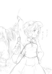 Rule 34 | 1girl, arm up, backpack, bag, female focus, greyscale, hair ornament, hand on own hip, hat, kawashiro nitori, key, kiriu, monochrome, short hair, sketch, smile, solo, touhou, twintails, two side up, water, waterfall