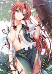 Rule 34 | 1girl, breasts, brown hair, highres, hong meiling, large breasts, looking at viewer, monety, nipple slip, nipples, open clothes, open shirt, outdoors, solo, tagme, touhou