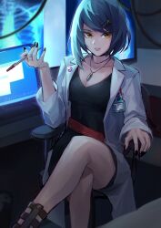 Rule 34 | 1girl, absurdres, belt, black nails, blue hair, brown eyes, coat, crossed legs, crossover, dark blue hair, dress, genshin impact, green dress, highres, holding, holding pen, indoors, jewelry, kujou sara, lab coat, lividkiwi, looking at viewer, monitor, necklace, open clothes, open coat, pen, persona, persona 5, red belt, short hair, sitting, solo, takemi tae, white coat, x-ray