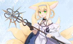Rule 34 | 1girl, :d, animal ear fluff, animal ears, arknights, black collar, black gloves, blonde hair, blue background, blue hairband, blush, braid, braided hair rings, chinese commentary, clothing cutout, collar, commentary request, dress, fox ears, fox girl, fox tail, frilled sleeves, frills, gloves, green eyes, hair rings, hairband, highres, holding, holding staff, infection monitor (arknights), kitsune, kyuubi, looking at viewer, multiple tails, off-shoulder dress, off shoulder, open mouth, purple dress, qing jingze ying official, shoulder cutout, single glove, smile, solo, staff, suzuran (arknights), tail, upper body