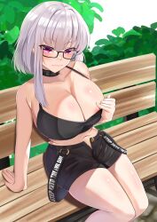 Rule 34 | 1girl, absurdres, bare shoulders, bench, black camisole, black shorts, blush, breasts, bush, byte-artist, camisole, choker, cleavage, clothes pull, collarbone, fate/grand order, fate (series), glasses, highres, kama (fate), kama (tour outfit) (fate), large breasts, looking at viewer, navel, nipple slip, nipples, red eyes, short hair, short shorts, shorts, sidelocks, sitting, smile, solo, thighs, white hair