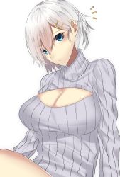 Rule 34 | 10s, 1girl, ^^^, alternate costume, arms at sides, blue eyes, breasts, cleavage, cleavage cutout, clothing cutout, dress, hair between eyes, hair ornament, hairclip, hamakaze (kancolle), head tilt, highres, kantai collection, large breasts, long sleeves, looking at viewer, meme attire, onineko-chan, open-chest sweater, ribbed sweater, short hair, silver hair, simple background, sitting, solo, sweater, sweater dress, turtleneck, upper body, white background, white sweater