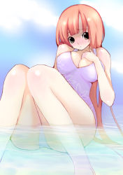 Rule 34 | 1girl, bare shoulders, barefoot, blush, breast suppress, breasts, casual one-piece swimsuit, cleavage, green eyes, large breasts, long hair, looking at viewer, one-piece swimsuit, orange hair, original, partially submerged, saibashi, sitting, solo, swimsuit, very long hair, wading, water