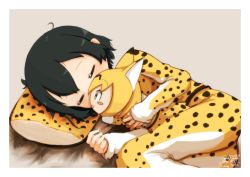 Rule 34 | 1girl, alternate costume, artist name, bad id, bad pixiv id, bed sheet, black hair, character doll, commentary, dated, hugging doll, closed eyes, kaban (kemono friends), kemono friends, long sleeves, lying, nesoberi, hugging object, on back, pajamas, pillow, print pajamas, print pillow, sateraito1024, serval (kemono friends), serval print, short hair, signature, simple background, sleeping, sleeves past wrists, solo