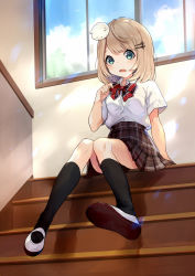 Rule 34 | 1girl, aqua eyes, black socks, blonde hair, blue sky, blush, bow, bowtie, breasts, brown skirt, cloud, cloudy sky, collared shirt, day, green eyes, hair ornament, hairclip, highres, indoors, kneehighs, knees together feet apart, light rays, looking at viewer, medium breasts, on head, open mouth, original, plaid, plaid skirt, pleated skirt, red bow, red bowtie, school uniform, shirt, shoes, short sleeves, sitting, skirt, sky, socks, solo, stairs, stairwell, striped bow, striped bowtie, striped clothes, striped neckwear, swept bangs, uwabaki, white shirt, window, wing collar, yuu (higashi no penguin)