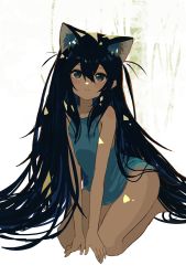 Rule 34 | 1girl, absurdres, animal ear fluff, animal ears, black hair, blue eyes, blue shirt, blush, closed mouth, collarbone, extra ears, full body, hair between eyes, hair over shoulder, highres, kgt (pixiv12957613), kneeling, long hair, looking at viewer, original, shirt, sleeveless, sleeveless shirt, smile, solo, thighs, two side up, very long hair