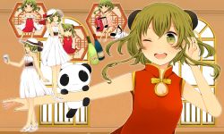 Rule 34 | bad id, bad pixiv id, bottle, bun cover, china dress, chinese clothes, dress, green eyes, green hair, gumi, hat, highres, komine, multiple persona, multiple views, one eye closed, open mouth, panda, short hair, short hair with long locks, smile, sun hat, vocaloid, wink, aged down