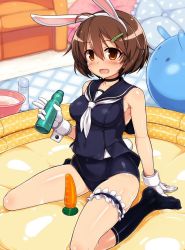 Rule 34 | 10s, 1girl, :d, ahoge, animal ears, black socks, blush, brave witches, breasts, bridal garter, brown eyes, brown hair, carrot, choker, dildo, gloves, hair ornament, hairclip, karibuchi hikari, kneehighs, looking at viewer, matching hair/eyes, no shoes, null (nyanpyoun), old school swimsuit, one-piece swimsuit, open mouth, pillow, playboy bunny swimsuit, rabbit ears, rabbit tail, ramune, school swimsuit, school uniform, serafuku, sex toy, short hair, sitting, smile, socks, solo, swimsuit, swimsuit under clothes, tail, wading pool, wariza, white gloves, world witches series, wrist cuffs