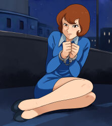 Rule 34 | 1girl, absurdres, bad end, bdsm, blue dress, bob cut, bondage, bound, bound wrists, brown eyes, brown hair, captured, collared dress, cuffs, defeat, dress, female focus, handcuffed, handcuffs, highres, lost one zero, lupin iii, mine fujiko, nail polish, on ground, outdoors, scowl, short hair, solo