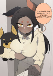 Rule 34 | 1girl, absurdres, animal ears, black hair, breasts, buttons, clothes grab, dark-skinned female, dark skin, doberman, doberman girl (gomulgong), dog ears, english text, gomulgong, highres, holding, holding stuffed toy, hood, hoodie, large breasts, long hair, looking at viewer, open mouth, original, pov, speech bubble, stuffed animal, stuffed toy, sweat, yellow eyes