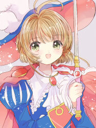 Rule 34 | 1girl, :d, ahoge, ascot, blue hat, blue shirt, blush, brooch, brown hair, cape, cardcaptor sakura, frills, gem, green eyes, grey background, happy, hat, highres, holding, holding sword, holding weapon, jewelry, juliet sleeves, kinomoto sakura, long sleeves, looking at viewer, magical girl, medium hair, open mouth, pink cape, prince, puff and slash sleeves, puffy sleeves, rapier, red cape, shirt, simple background, smile, solo, sparkle, sunflower-m, sword, upper body, weapon, white ascot