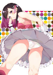 Rule 34 | 1girl, absurdres, ass, azki (3rd costume) (hololive), azki (hololive), blush, breasts, brown hair, colored inner hair, commentary request, dress, feet out of frame, frilled dress, frills, from behind, hair ornament, hair ribbon, hand up, hazuki yuzuru, head tilt, highres, hololive, kneehighs, kneepits, leaning forward, looking at viewer, looking back, medium breasts, multicolored hair, panties, pink dress, pink socks, purple eyes, purple hair, ribbon, shiny skin, socks, solo, standing, strapless, strapless dress, swept bangs, thighs, underwear, upskirt, virtual youtuber, white panties