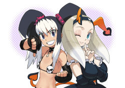 Rule 34 | 2girls, aqua eyes, between breasts, bikini, bikini top only, black eyes, black hair, breasts, choker, clenched hand, clenched hands, collar, cross, demon tail, drill hair, elbow gloves, eyelashes, eyes visible through hair, fingerless gloves, frills, gloves, grin, hairband, halloween sonohara, ishikawa hideki, large breasts, lipstick, lovers inose, makeup, multicolored hair, multiple girls, navel, one eye closed, parted lips, ring dream, ring dreams, skull, small breasts, smile, swimsuit, tail, thumbs down, twintails, white background, white hair, wink