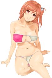 Rule 34 | 1girl, arm support, barefoot, bikini, breasts, cleavage, dead or alive, dead or alive 5, eyepatch bikini, facing viewer, hair ornament, head tilt, honoka (doa), large breasts, long hair, looking at viewer, navel, one side up, orange hair, parted lips, plump, red eyes, shu-z, side ponytail, sitting, smile, solo, swimsuit, thighs, wide hips