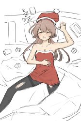 Rule 34 | 1girl, absurdres, alternate costume, bare shoulders, blanket, blue eyes, breasts, brown hair, collarbone, dress, feet out of frame, full body, fur-trimmed dress, fur-trimmed headwear, fur trim, gradient hair, hand on own stomach, hat, highres, juice box, kantai collection, kazagumo (kancolle), long hair, multicolored hair, pantyhose, pillow, ponytail, red dress, red hat, santa hat, simple background, sleeping, small breasts, solo, strapless, strapless dress, thighband pantyhose, torn clothes, tsuru (thunder tsuru), white background, zzz