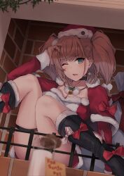 Rule 34 | 1girl, atlanta (kancolle), bell, black choker, black footwear, blush, boots, brown hair, choker, collarbone, detached sleeves, earrings, grey eyes, hat, highres, jewelry, k jie, kantai collection, knee boots, long hair, neck bell, one eye closed, open mouth, pom pom (clothes), red hat, sack, santa costume, santa hat, single earring, solo, star (symbol), star earrings, two side up